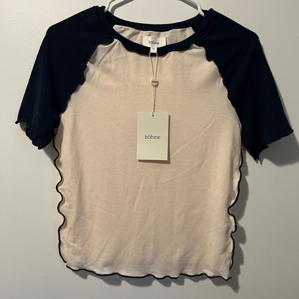 Bohme Womens XS Navy Cream Lettuce Edge Raglan Short Sleeve Tee H15804T NWT